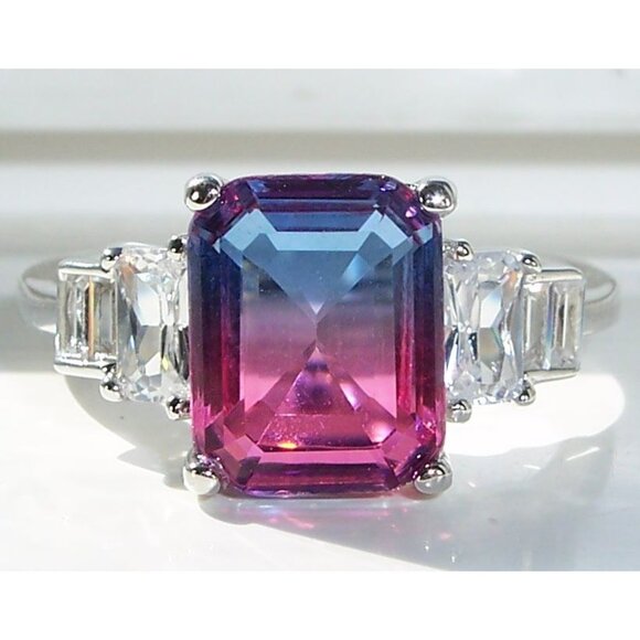 925 STERLING SILVER Bicolor Cubic Zirconia & Baguette Ring Blue & Pink - Picture 1 of 16